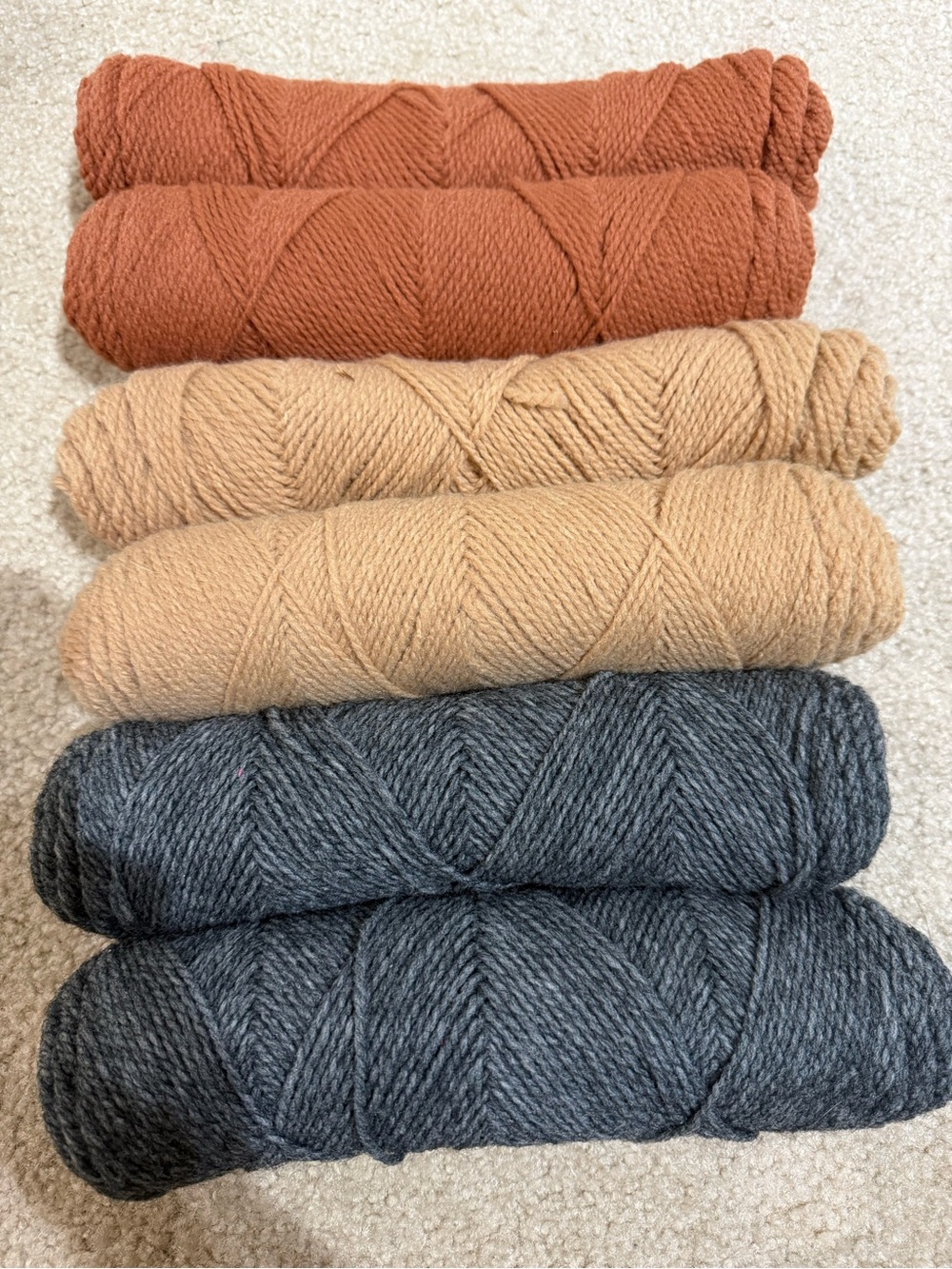 Cozy Yarn Skeins Set in Rust Brown, Camel, and Charcoal, Polyester 19 oz total